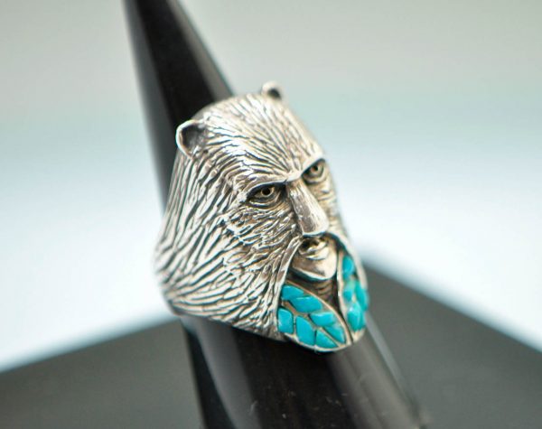 Animal Mask Ring STERLING SILVER 925 Natural Turquoise Cat Mask Exclusive Unique Design