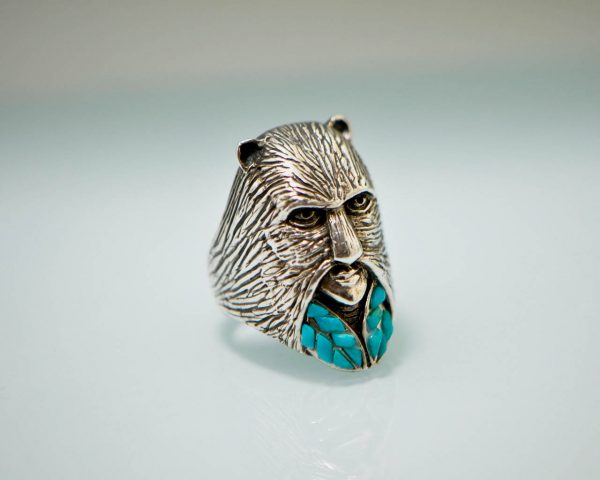 Animal Mask Ring STERLING SILVER 925 Natural Turquoise Cat Mask Exclusive Unique Design