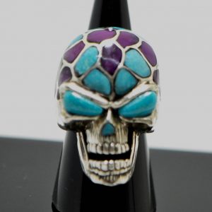 Skull Ring STERLING SILVER 925 Biker Rocker Goth Natural Turquoise, Purple Howlite Natural Gesmtones