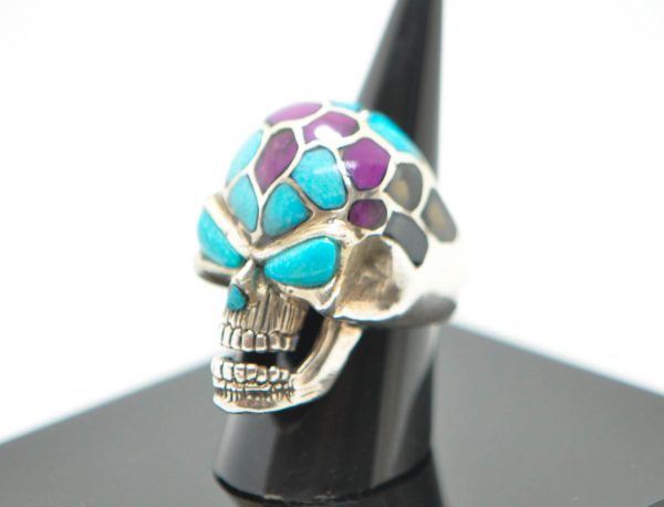 Skull Ring STERLING SILVER 925 Biker Rocker Goth Natural Turquoise, Purple Howlite Natural Gesmtones