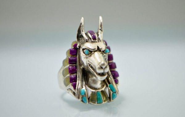 Anabus Ring STERLING SILVER 925 Natural Turquoise, Purple Howlite, Yellow Opal, Mother of Pearl Egyptian God