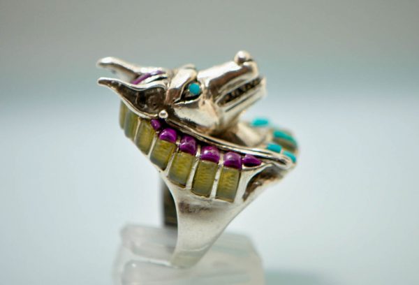Anabus Ring STERLING SILVER 925 Natural Turquoise, Purple Howlite, Yellow Opal, Mother of Pearl Egyptian God