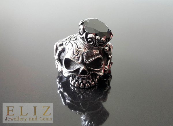 Crowned Skull Ring 925 STERLING SILVER Black Onyx Iced King Crown Half Jaw Skull Punk Biker Rocker Goth Biker