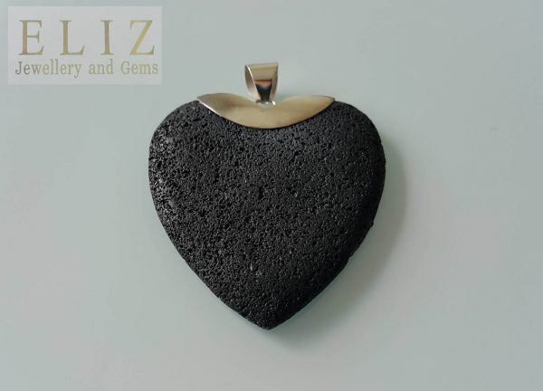 Natural Volcanic Lava Large Heart ENERGY CRYSTAL Sterling Silver Pendant Mother Earth Essential Oil Diffuser