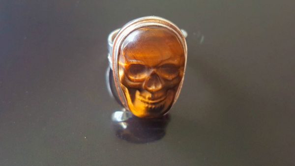 Skull Ring STERLING SILVER 925 Genuine Tiger Eye Carved Skull Punk Rock Goth Size Adjustable