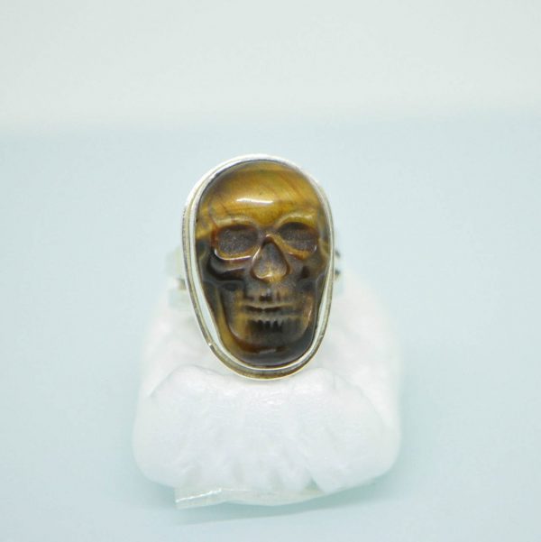 Skull Ring STERLING SILVER 925 Genuine Tiger Eye Carved Skull Punk Rock Goth Size Adjustable