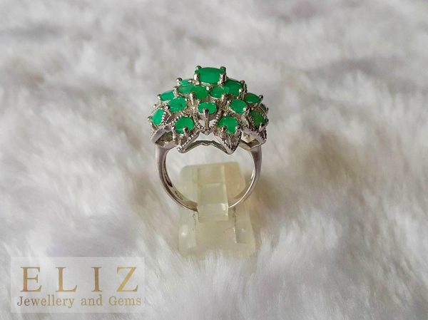 Genuine EMERALD STERLING SILVER 925 Natural Gemstone Exclusive Flower Design Ring