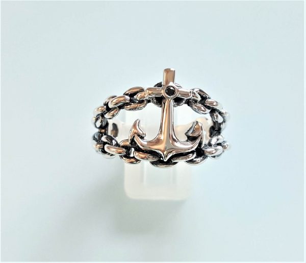ANCHOR Ring STERLING SILVER Nautical Mariners Anchor Cross Black Onyx Stone Sailor Sea Talisman Amulet