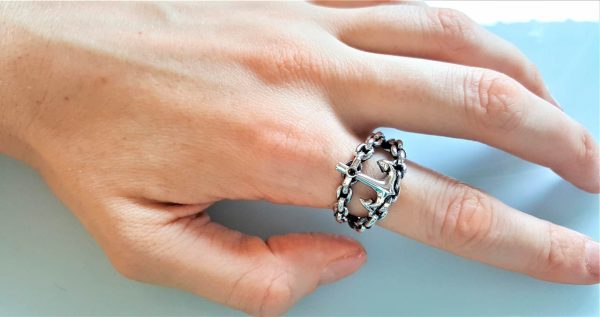 ANCHOR Ring STERLING SILVER Nautical Mariners Anchor Cross Black Onyx Stone Sailor Sea Talisman Amulet
