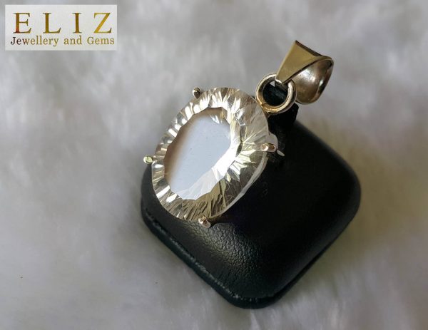 Natural White Quartz Crystal Faceted Concave Sterling Silver Pendant Genuine Gemstone Talisman Amulet