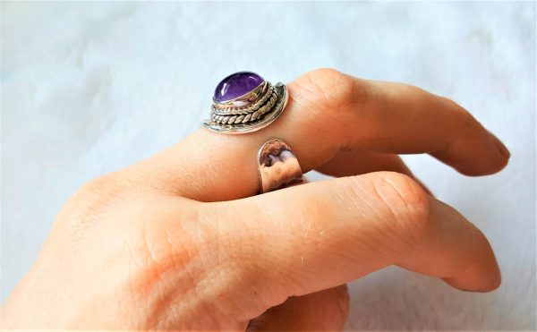 STERLING SILVER 925 Genuine Amethyst Ring Free Size Hammered Ring Natural Gemstone Handmade