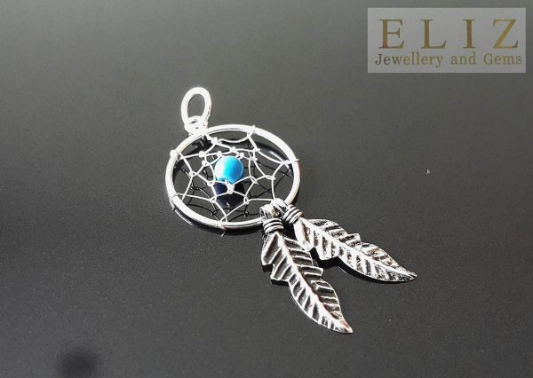 Dream Catcher 925 Sterling Silver Double Feather Turquoise Pendant American Indian Tribal Chief