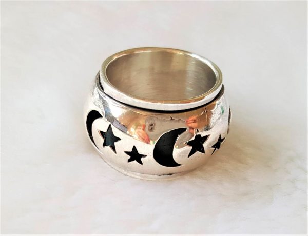 Spinner Ring 925 STERLING SILVER Moon & Stars Celestial Unisex Ring Spinner Harmony Anti Stress Fidget Meditation Kinetic
