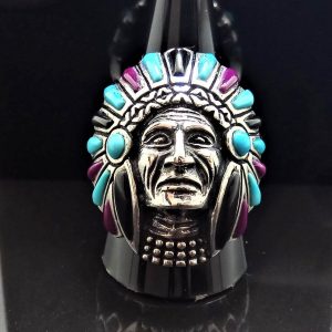 Sterling Silver 925 American Indian Chief Warrior Natural TURQUOISE Black Onyx Purple Howlite Ring Spirit Amulet Talisman Heavy 22 grams