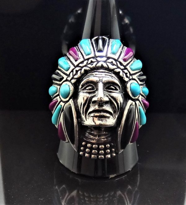 Sterling Silver 925 American Indian Chief Warrior Natural TURQUOISE Black Onyx Purple Howlite Ring Spirit Amulet Talisman Heavy 22 grams