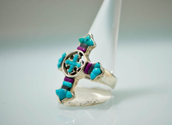 Gothic Cross Ring STERLING SILVER 925 Natural Turquoise Purple Howlite Labrodorite Handmade Unique Design