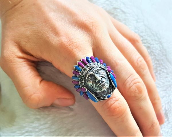 American Indian Ring STERLING SILVER 925  Chief Warrior Natural Lapis Lazuli & Purple Howlite Ring Spirit Amulet Talisman Heavy 20 grams