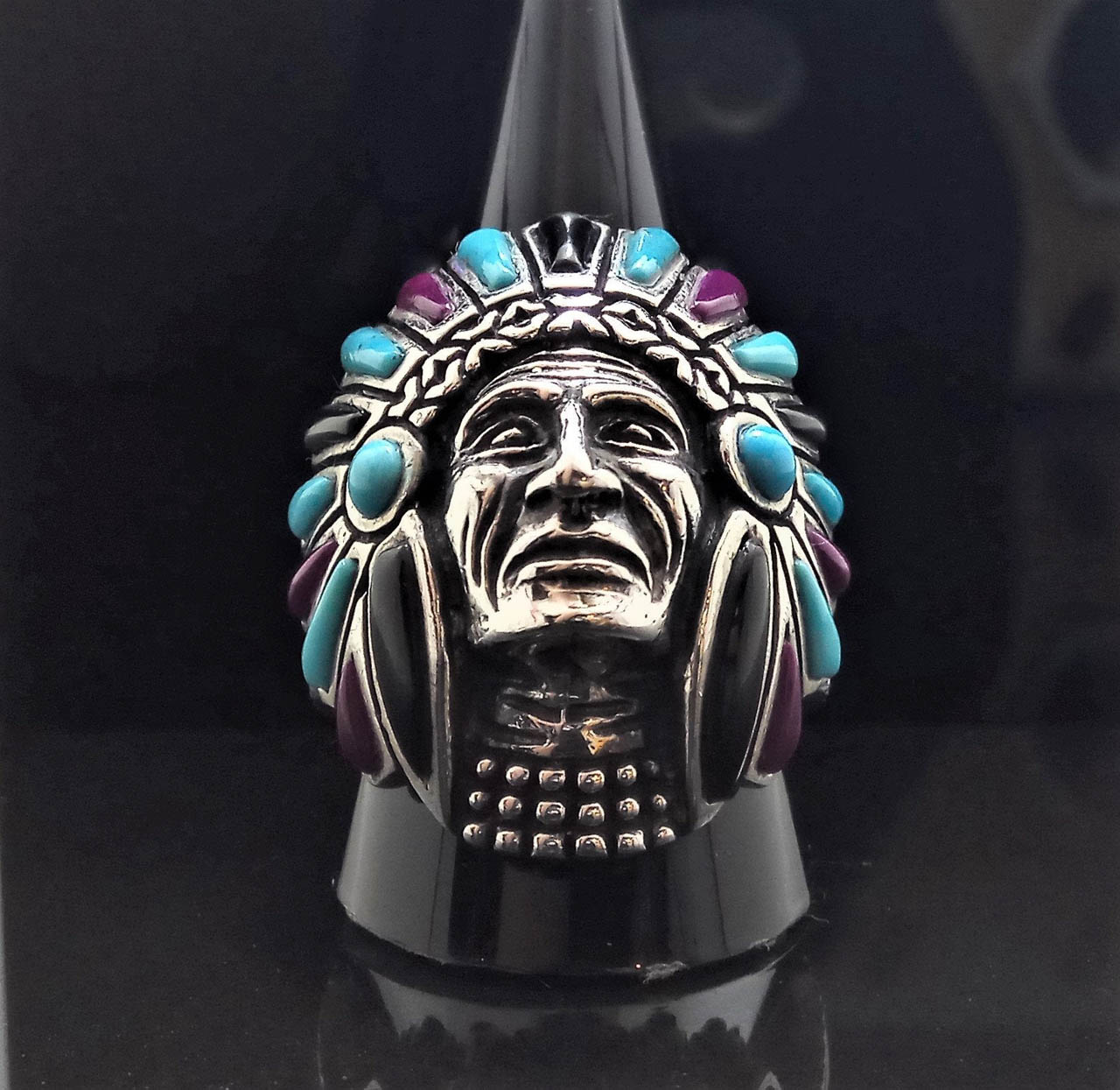 Sterling Silver American Indian Chief Warrior Natural Turquoise