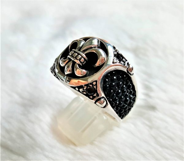 STERLING SILVER 925 Ring Fleur De Lis Stingray Leather Black Onyx Royal ...