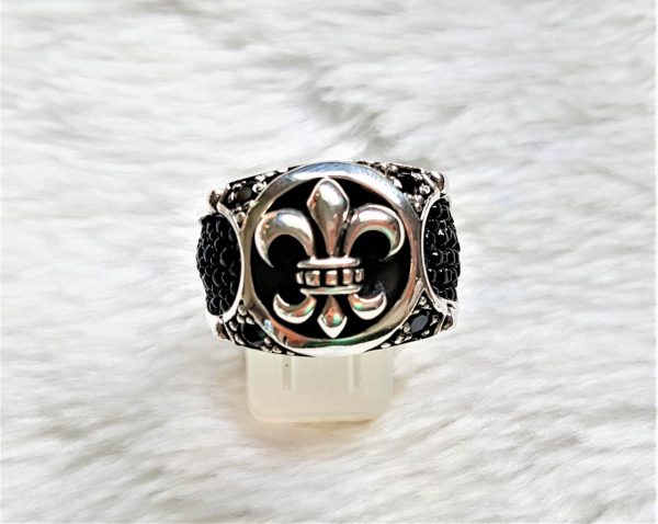 STERLING SILVER 925 Ring Fleur De Lis Stingray Leather Black Onyx Royal Lily French Monarchy Symbol Biker Rock Punk Goth Exclusive Design