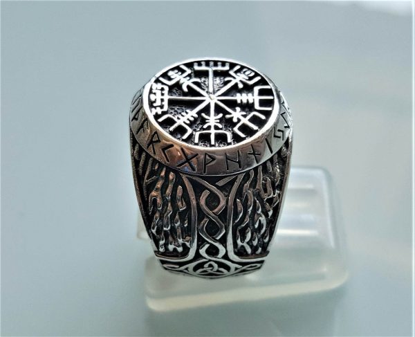 Helm of Awe Ring STERLING SILVER 925 Runic Compass Aegishjalmur Thor Hammer Mjolnir Protective Amulet Norse Viking