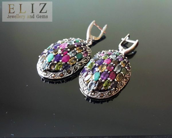 925 Sterling Silver EARRINGS Genuine Precious Gems Multi Stone & Marcasite
