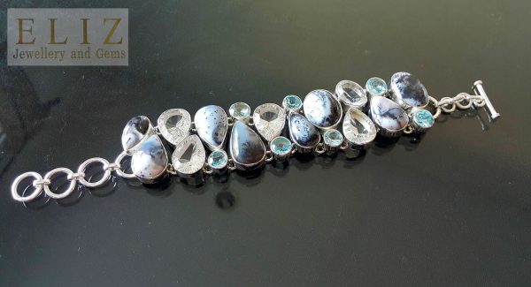 Dendritic Agate Bracelets Blue Topaz White Crystal Quartz Concave Faceted STERLING SILVER 925 8 inches Adjustable