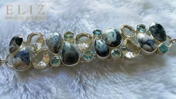 Dendritic Agate Bracelets Blue Topaz White Crystal Quartz Concave Faceted STERLING SILVER 925 8 inches Adjustable
