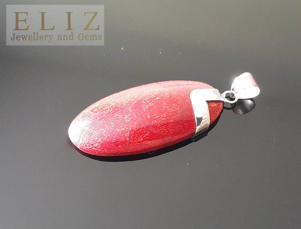 Sterling Silver 925 Natural Red Coral Pendant Custom Made Gift Long Oval