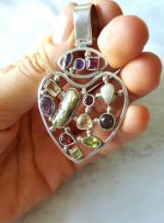Multi Gem Stones Sterling Silver Heart Pendant Love Talisman Genuine Garnet, Amethyst, Peridot, Smoky, lemon Quartz