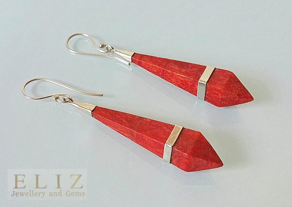 Sterling Silver 925 Natural Red Coral Long Earrings Custom Made Gift