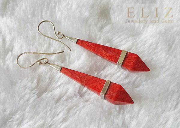 Sterling Silver 925 Natural Red Coral Long Earrings Custom Made Gift