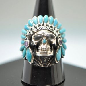 925 Sterling Silver Skull Natural Turquoise Amethyst Labadorite American Indian Chief Skull Ring