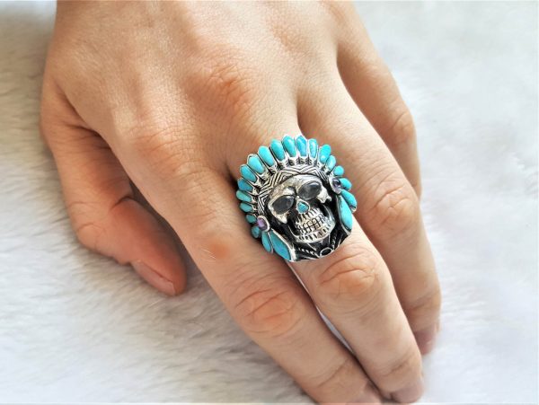 925 Sterling Silver Skull Natural Turquoise Amethyst Labadorite American Indian Chief Skull Ring