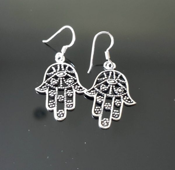 Sterling Silver Earrings Hamsa Humsa Hand Protection Evil Eye Hand of Fatimaion Gift