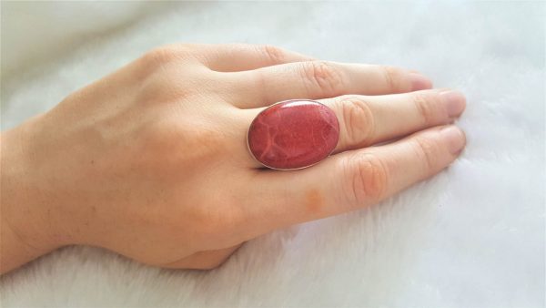 Sterling Silver 925 Natural Red Coral Ring Oval Shape Extra Large Size 6.5