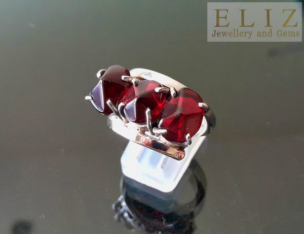 Genuine Garnet Cabochon Faceted Sterling SIlver Ring Size 8.5