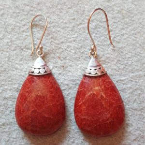 925 Sterling Silver Balinese Natural Genuine Red Coral Earrings 9.8 gr