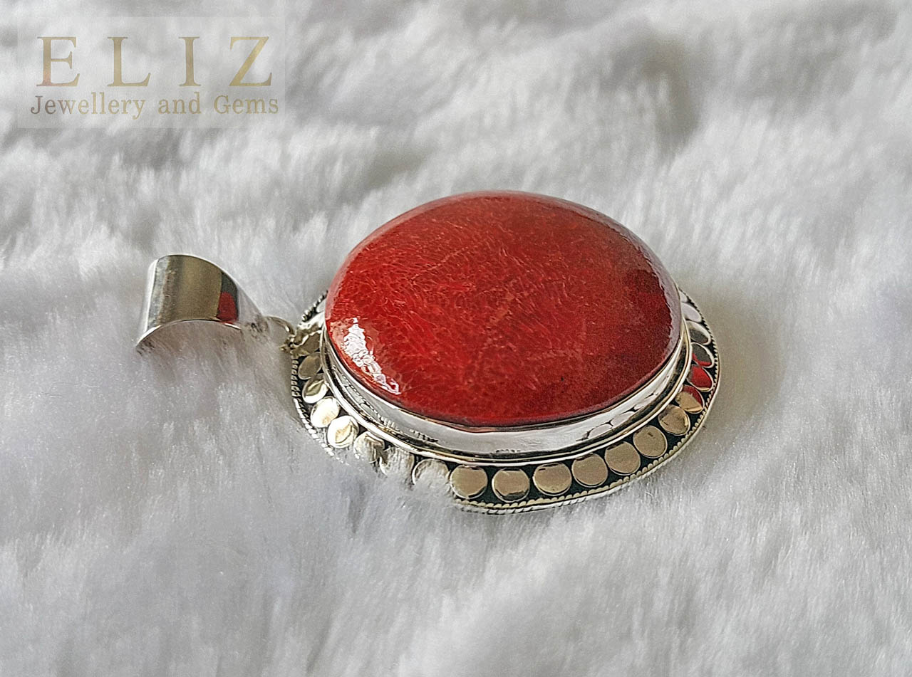 Large Sterling Silver 925 Natural Red Coral Pendant Custom Made Gift