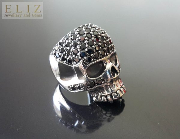 Exclusive 925 Sterling Silver Black Diamond Cubic Zirconia Skull Punk Goth Biker Rocker Ring 8.5, 9.5, 11,12, 13