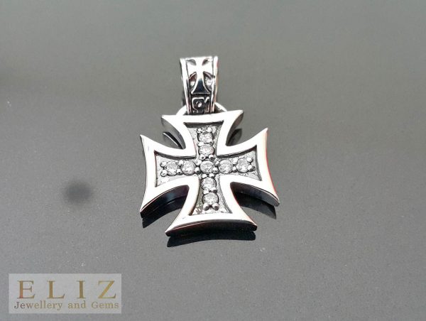 White Cubic Zirconia Iron Cross .925 Sterling Silver Pendant 1 inch L X .70 W