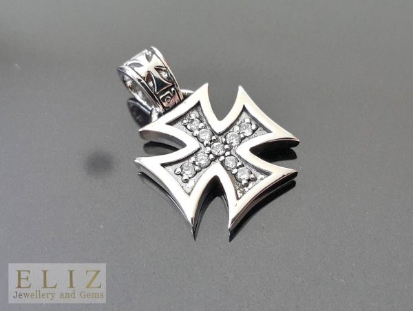 White Cubic Zirconia Iron Cross .925 Sterling Silver Pendant 1 inch L X .70 W