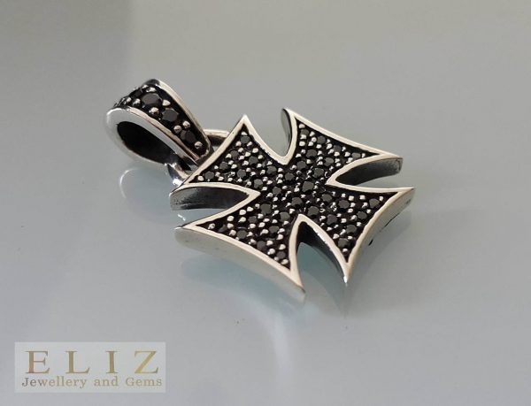 Black Cubic Zirconia Iron Cross .925 Sterling Silver Pendant 1 inch L X .70 W
