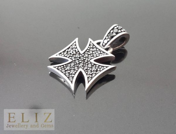 Black Cubic Zirconia Iron Cross .925 Sterling Silver Pendant 1 inch L X .70 W