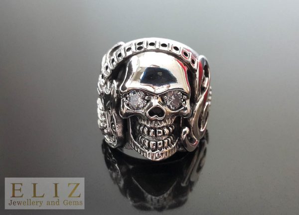 925 Sterling Silver Skull Electric Guitar Black or White Cubic Zirconia Goth Punk Biker Ring SZ 8.5' 9' 10' 11' 11.5' 12'