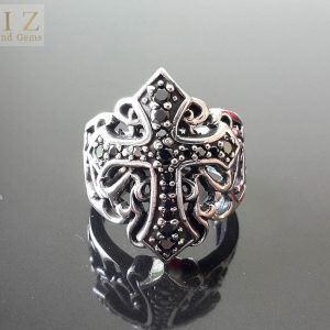 Black Diamond Cubic Zirconia Gothic Cross .925 Serling Silver 10.5' Ring 16 Grams