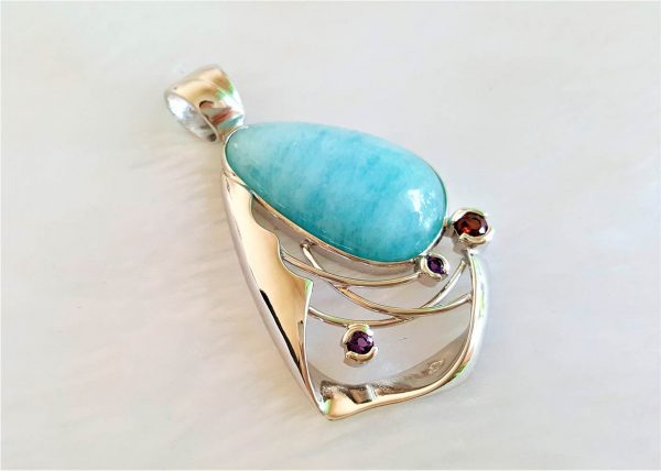 STERLING SILVER 925 Pendant Genuine AQUAMARINE with Garnet Ametyst Natural Gemstones Exclusive Design Handmade Talisman Amulet