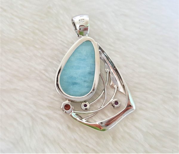 STERLING SILVER 925 Pendant Genuine AQUAMARINE with Garnet Ametyst Natural Gemstones Exclusive Design Handmade Talisman Amulet