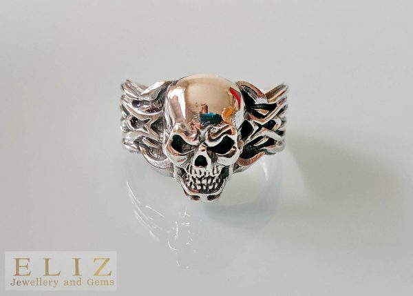 Skull Ring 925 Sterling Silver Tribal Banded Skull Biker Rocker Punk Goth