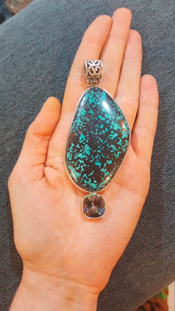Giant Exclusive Custom made Pendant Turquoise Gemstone & Mystic Quartz 60 grams Natural Gemstones